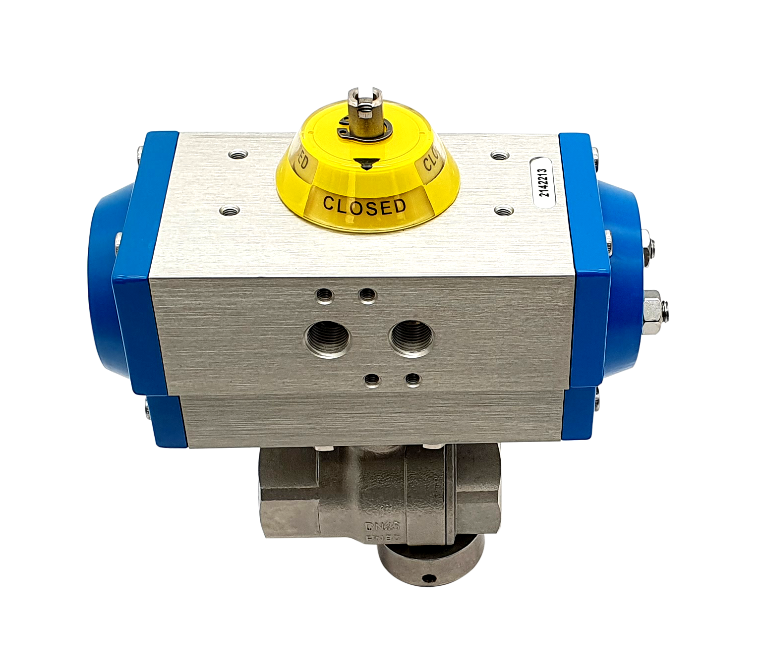 Edelstahlkugelhahn, 2-teilig mit aufgebautem pneumatischen Stellantrieb (doppelt wirkend)